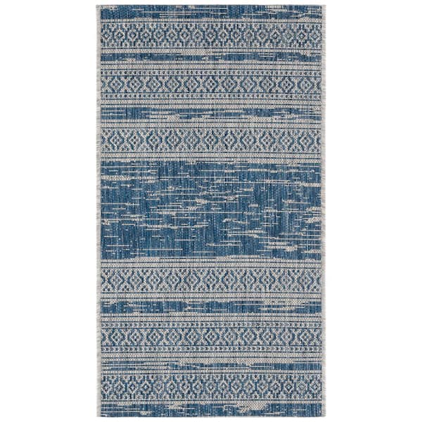 Courtyard Navy/Gray 2 ft. x 4 ft. Aztec Striped Indoor/Outdoor Area Rug