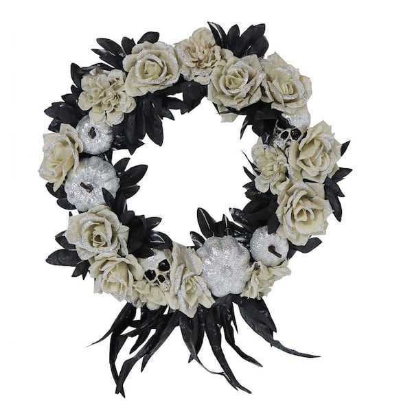 15 in. Halloween Black and Silver Floral Hanging Halloween Wreath with Glitter Pumpkins and Skulls