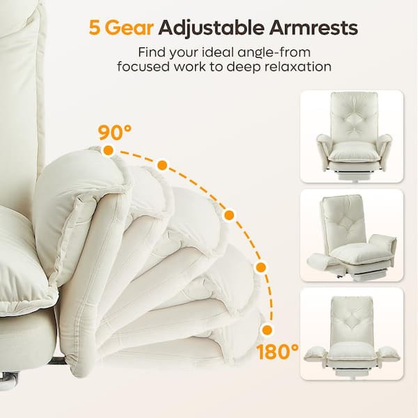 Velvet High-Back Cross-Legged Office Chair in Beige with Flip-Up Arms, Vanity Chair With Footrest