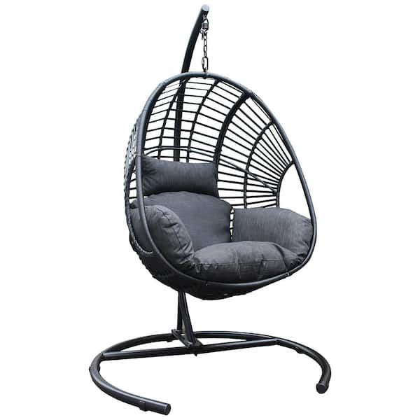 BTMWAY Indoor Outdoor PE Wicker Patio Swing Chair Egg Chair with Dark Gray Cushion, Heavy-duty Hammock Chair with Stand