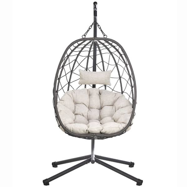 Leisuremod Hanging Egg Swing Chair with Black Stainless Steel Metal Stand w/ Removable Cushion Foldable Round Shell in Light Brown