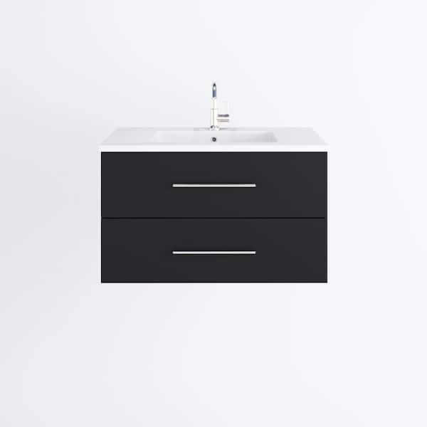 VOLPA USA AMERICAN CRAFTED VANITIES 36 in W. Single Sink Floating Bath Vanity in Matte Black with White Acrylic Top