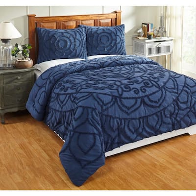 Better Trends Cleo Comforter 3 Piece Floral Design Navy Full Queen 100 Cotton Tufted Chenille Comforter Set Ss Quclqfnv The Home Depot