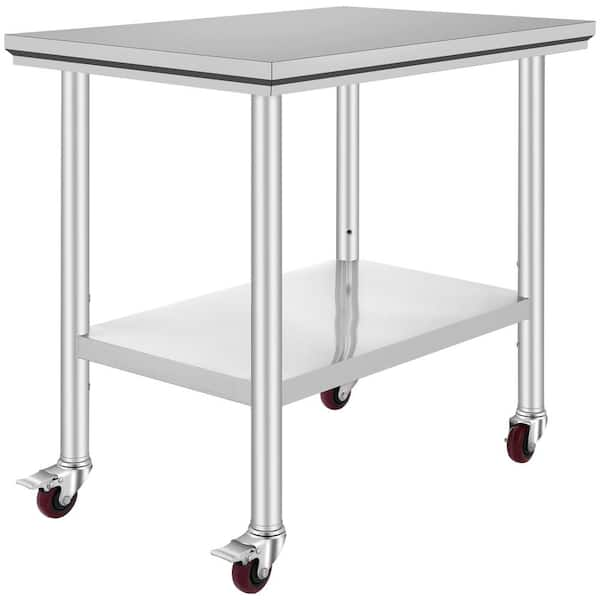 35 x 24 x 33 in. Stainless Steel, 700LBS. Capacity, 4 Wheels, 3-Level Height Adjustable Kitchen Prep Table, Silver