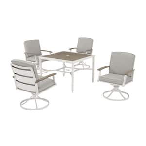 Marina Point 5-Piece White Steel Outdoor Patio Dining Set with CushionGuard Stone Gray Cushions & Painted Steel Tabletop