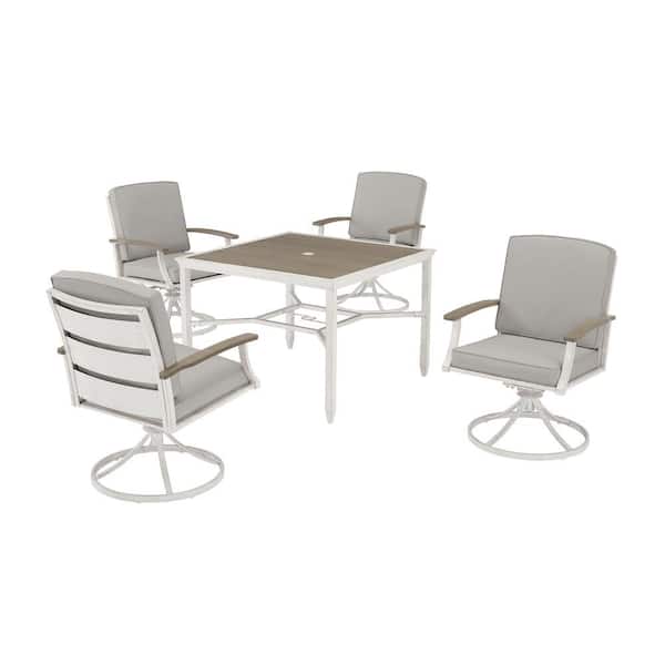 Hampton Bay Marina Point 5-Piece White Steel Outdoor Patio Dining Set with CushionGuard Stone Gray Cushions & Painted Steel Tabletop