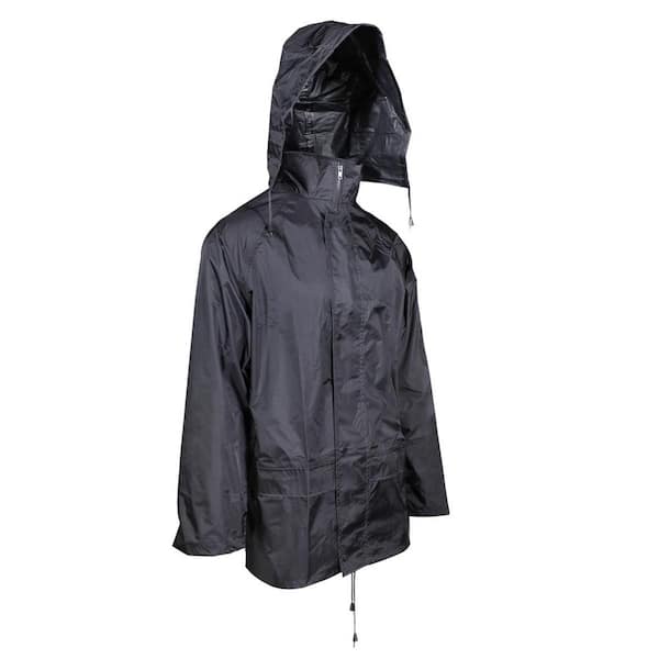 Large Black Nylon Ripstop Rain Jacket with Storm Flap