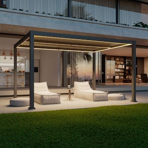10 ft. x 13 ft. aluminum freestanding patio Pergola Solar Panel LED Strings Outdoor Louvered Roof Pergola, Dark Grey