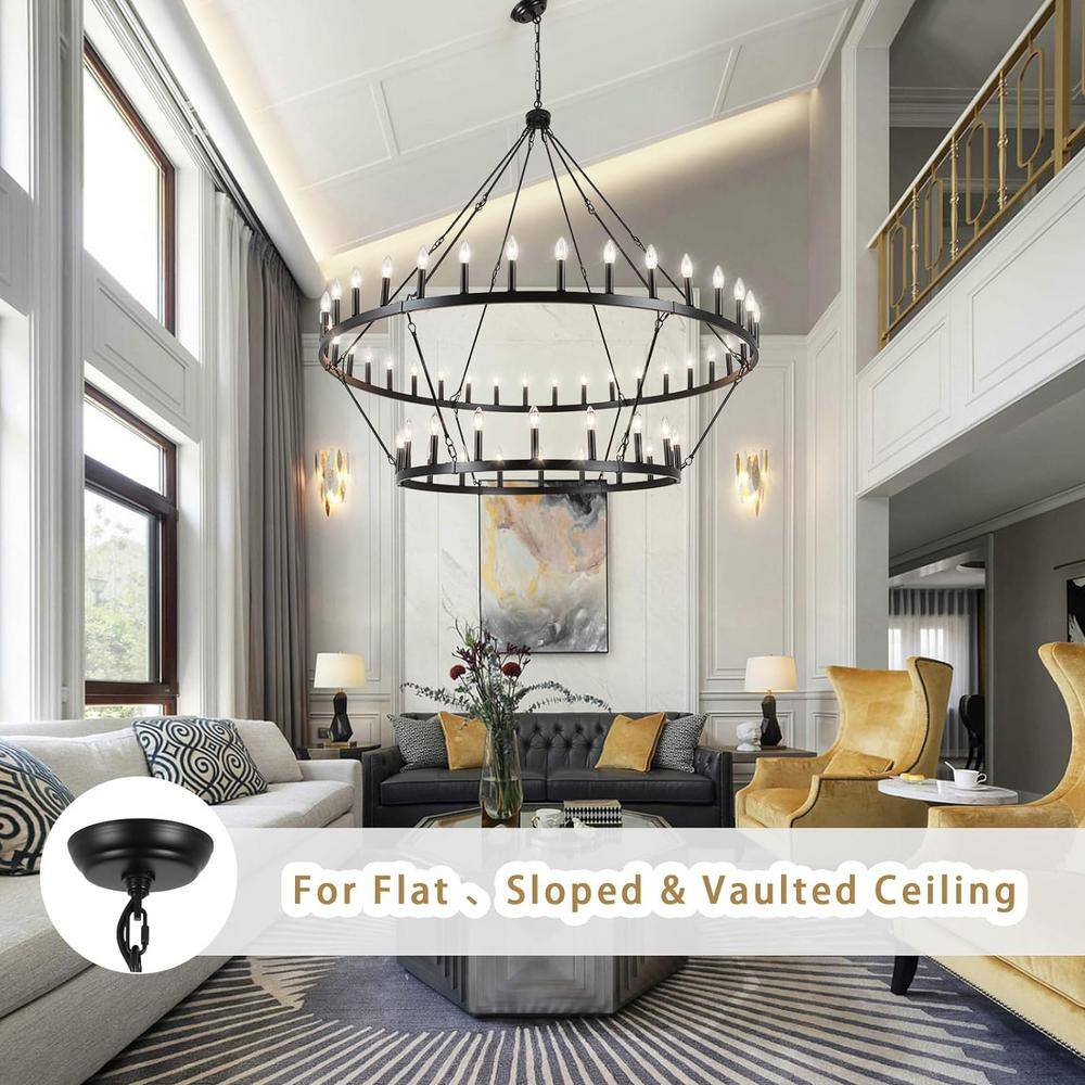 60-Inch Matte Black 2-Tier Wagon Wheel Chandelier with 54 Candle Lights