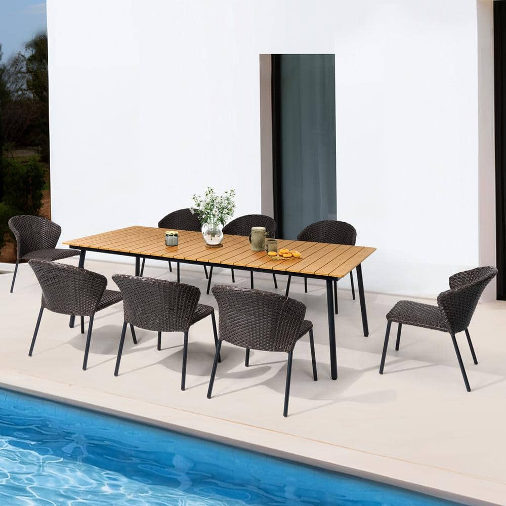 9-Piece Outdoor Dining Set with 94.5 in. L x 42.1 in. W Aluminum Rectangle Table and Faux Rattan Stackable Dining Chairs