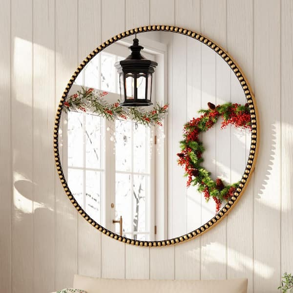 Antique Gold 36 in. W x 36 in. H Round With Decoration Vanity Wall Mirror Polyurethane Framed Mirror