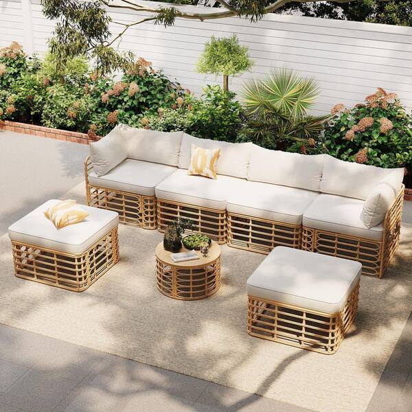 7-Piece Wicker Outdoor Sectional Set with Beige Cushions Coffee Table and Pillows Freely Combined Conversation Sets
