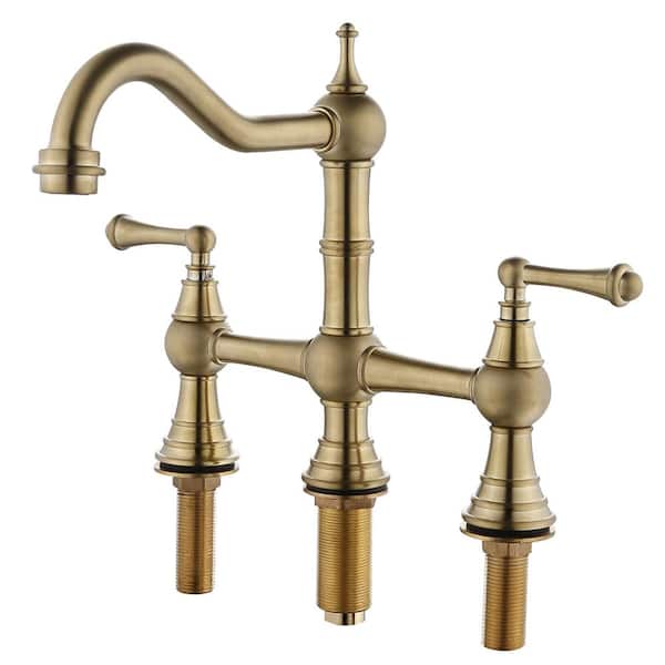 Lukvuzo 2 Handles 4 Holes 8 in. Antique Classic Heritage Deck-Mount Kitchen Sink Faucet with Brass Side Sprayer in Gold