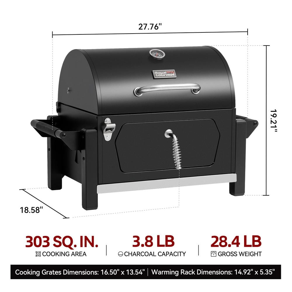 Compact Black Steel Portable Charcoal Grill with Warming Rack