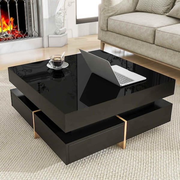 Polibi 31.5 in. Black Square Wood Coffee Table with 4 Drawers and Wood Grain Legs