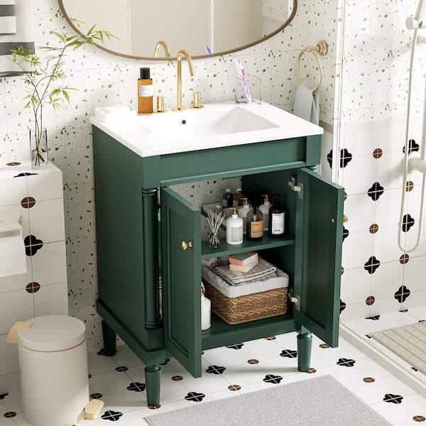 24 in. Freestanding Single Sink Green Bath Vanity with White Ceramic Top