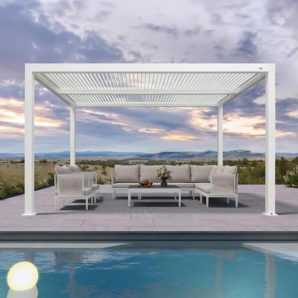 PURPLE LEAF 10 ft. x 13 ft. White Aluminum Frame Outdoor Louvered Pergola Hardtop Gazebo with Adjustable Roof for Sunshade Rainproof