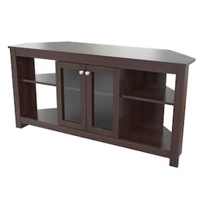 49 in. Brown Wood Corner TV Stand Fits TVs Up to 60 in. with Adjustable Shelves
