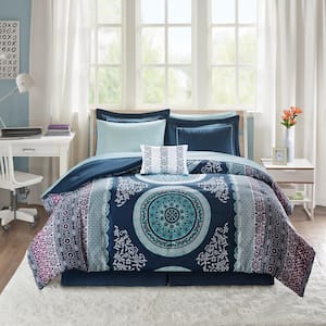 Eleni 9-Piece Navy Queen Comforter Set with Bed Sheets