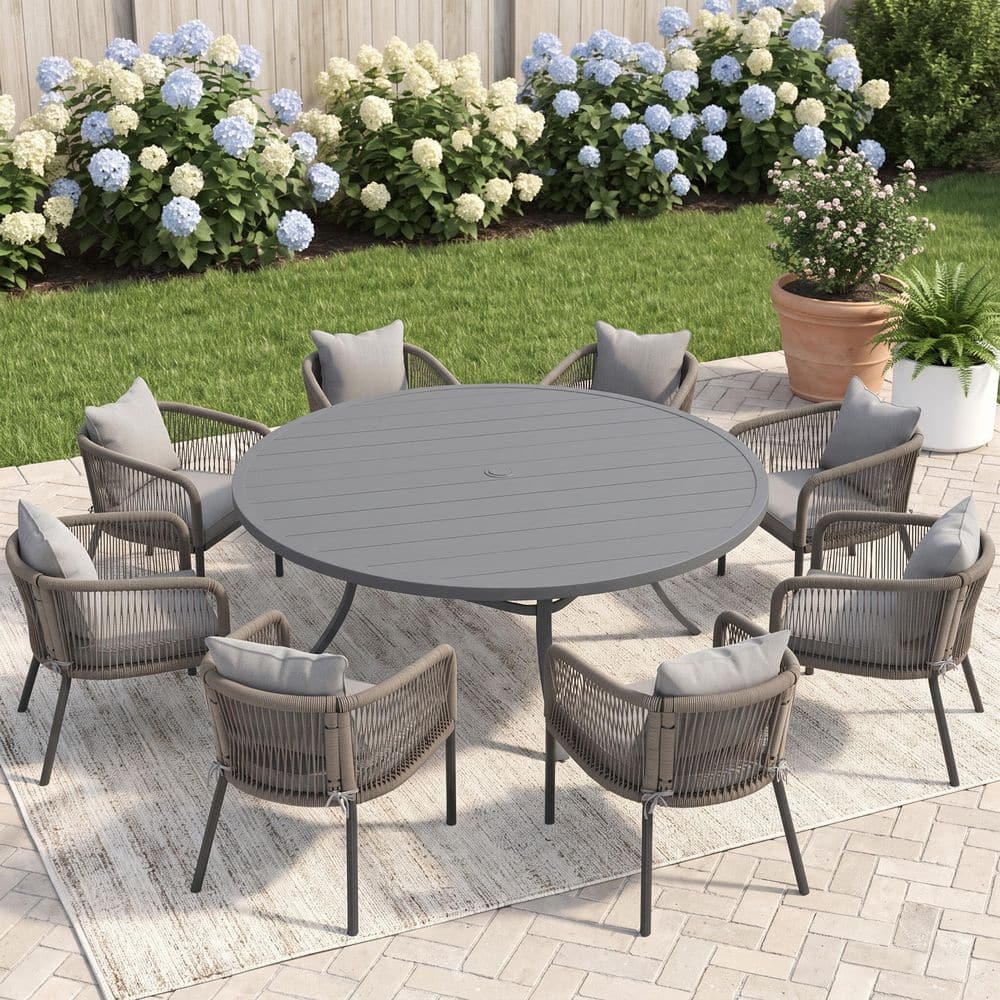 9-Piece 60 in. Gray Metal Round Slatted Patio Outdoor Dining Set with 8 Wicker Rope Chairs with Cushions in Gray price history on PriceWatchPro