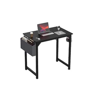 31 in. Rectangular Black Wood Computer Desk with Sidea Storage Baskets and Headphone Hook
