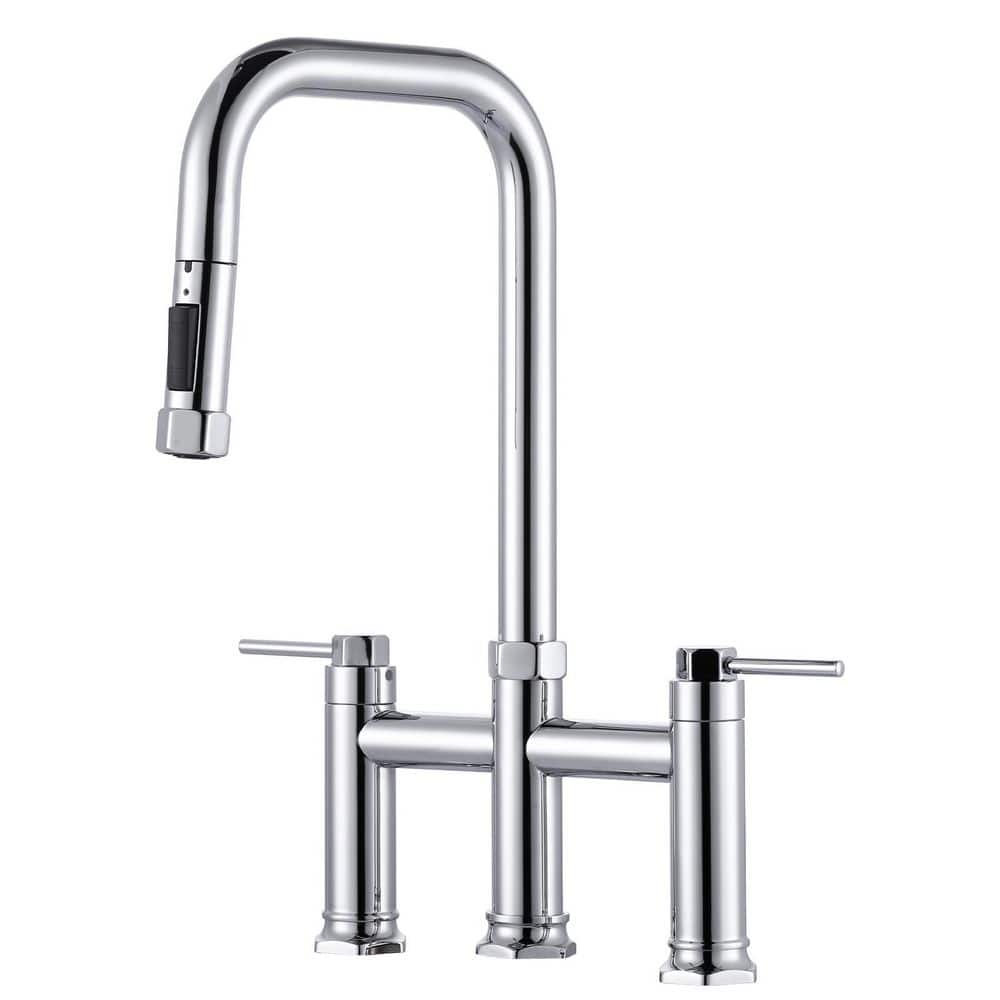 3 Holes Double Handle Brass Bridge Kitchen Faucet with Pull Down Sprayer and Supply Lines in Polished Chrome price history on PriceWatchPro