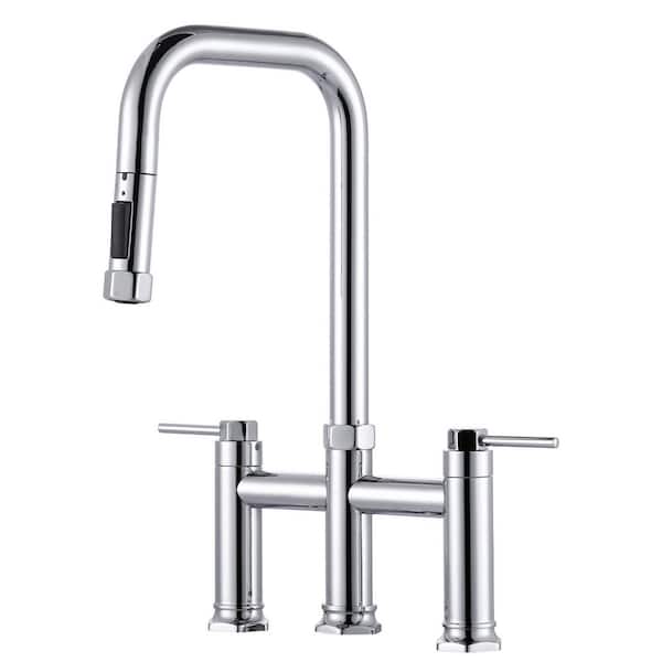 3 Holes Double Handle Brass Bridge Kitchen Faucet with Pull Down Sprayer and Supply Lines in Polished Chrome