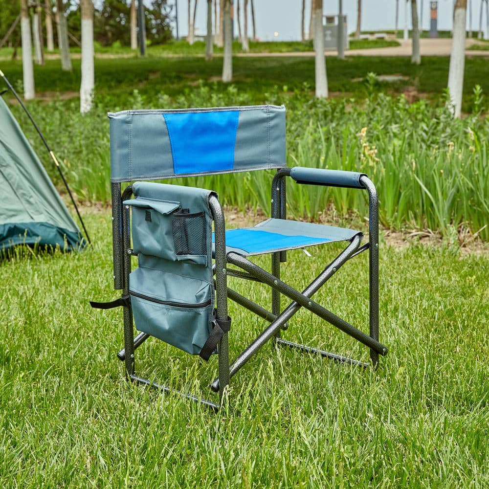 Blue and Grey Aluminum Folding Camping Chair with Storage Pockets
