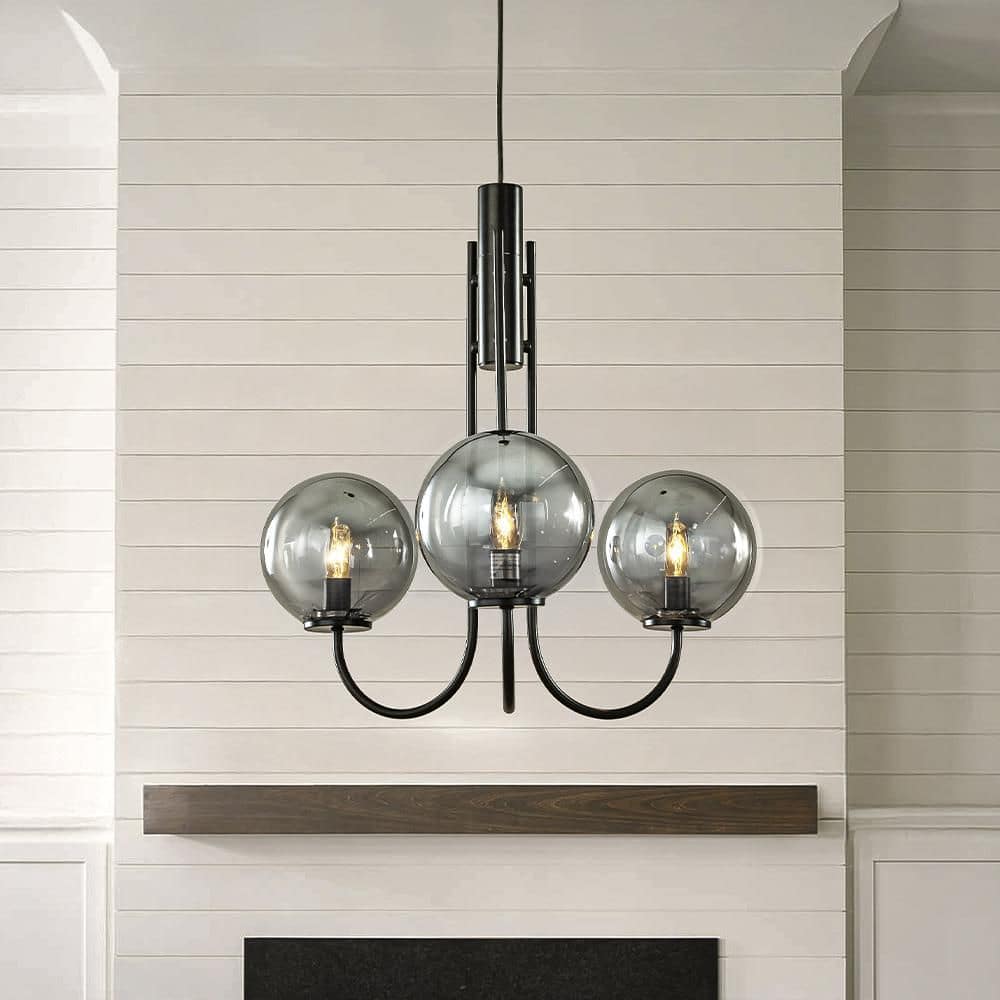 3-Lights 25 in. W Modern Globe Chandelier in Matte Black with Hand Blown Sm