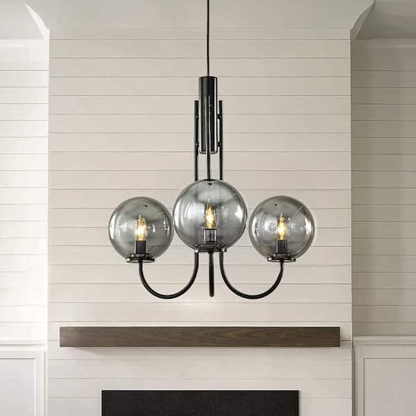 3-Lights 25 in. W Modern Globe Chandelier in Matte Black with Hand Blown Smoked Glass Bubble Glam Sputnik Pendant Light