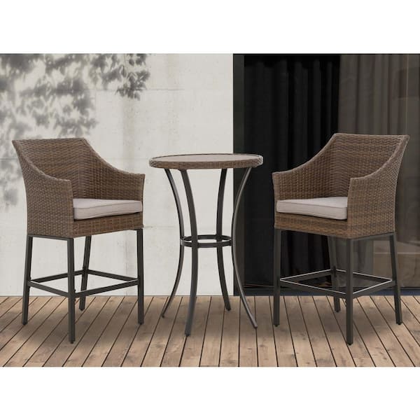 Unbranded Appleton Coffee 3-Piece Wicker Round Table Bar Height Patio Outdoor Dining Set with Cushion Guard Grey Cushions