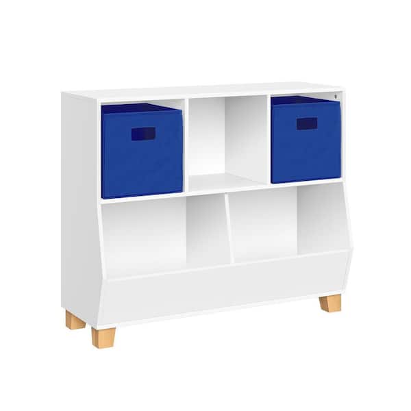 29.1 in. H x 35.1 in. W x 13.31 in. D White MDF Catch-All Toy Organizer with 3-Cubbies, 2-Compartments and 2-Blue Bins