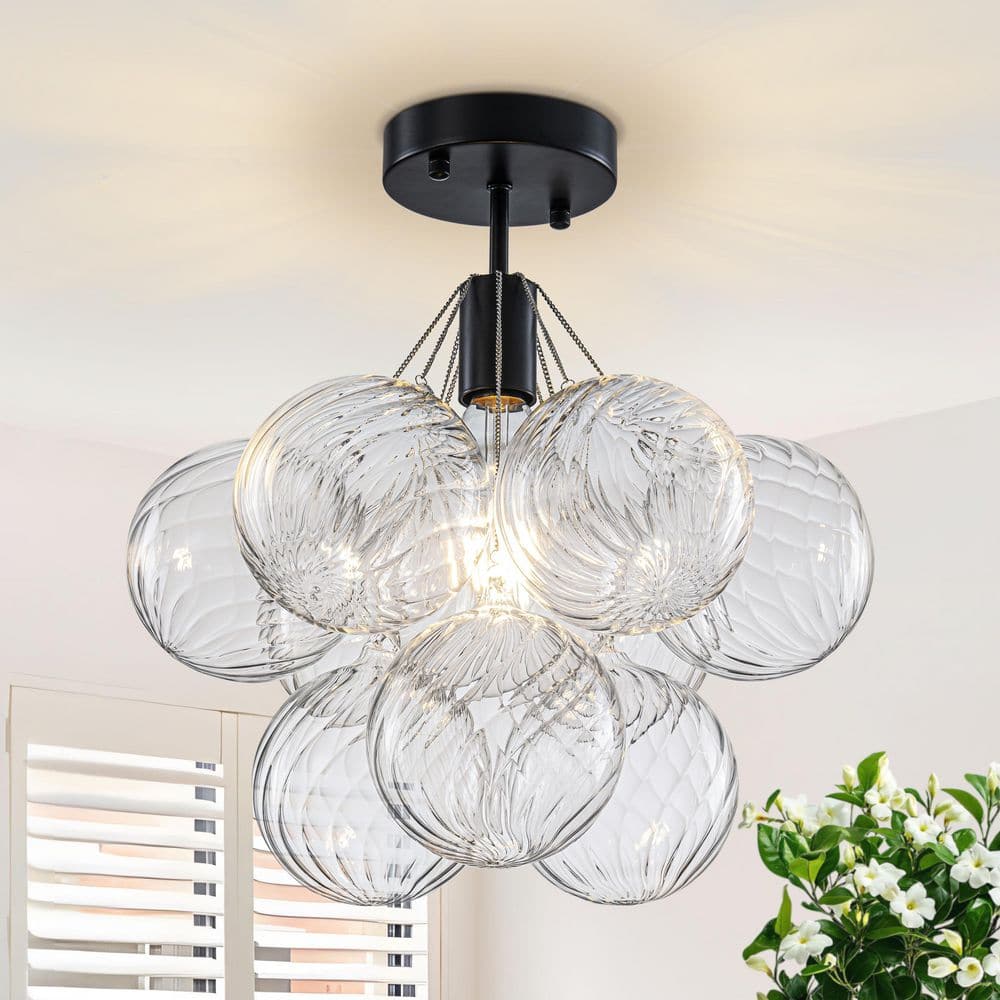 14 in. 1-Light Black Flush Mount Ceiling Light with Clear Bubble Swirl Glass Shade for Bedroom, Entryway, Hallway price history on PriceWatchPro