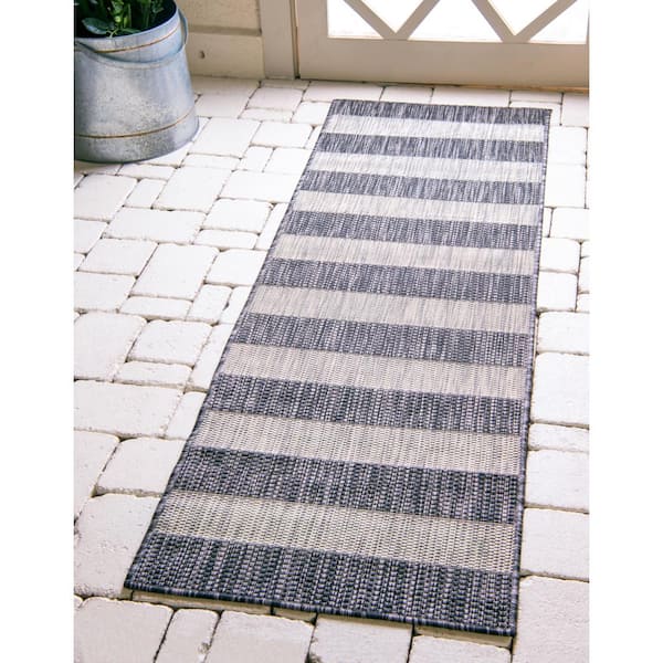 Outdoor Distressed Stripe Gray 2 ft. x 6 ft. Runner Rug
