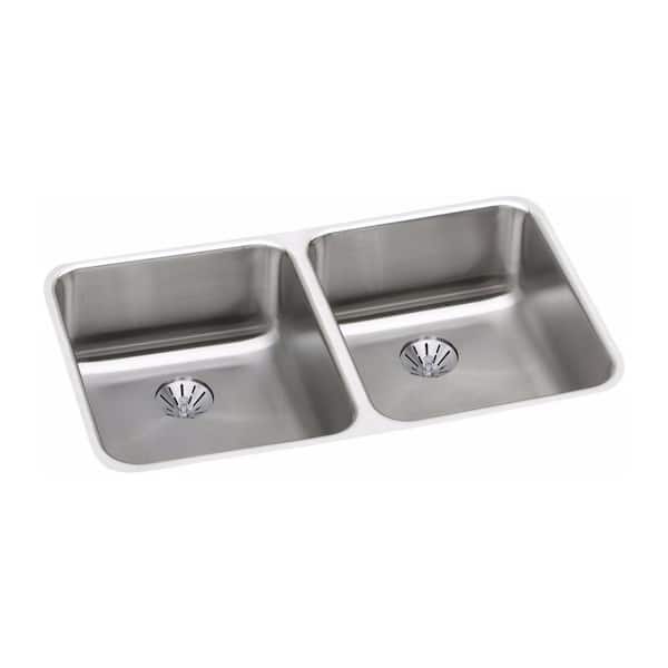 Elkay Lustertone Perfect Drain Undermount Stainless Steel 31 in. Double Bowl ADA Compliant Kitchen Sink with 5 in. Bowl