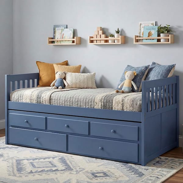 Lazzara Darden Blue Wood Frame Twin over Twin Trundle Daybed with