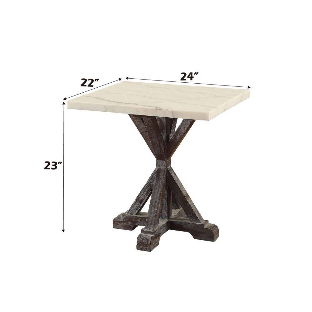 Romina Weathered Espresso Pine Wood & White Marble End Table