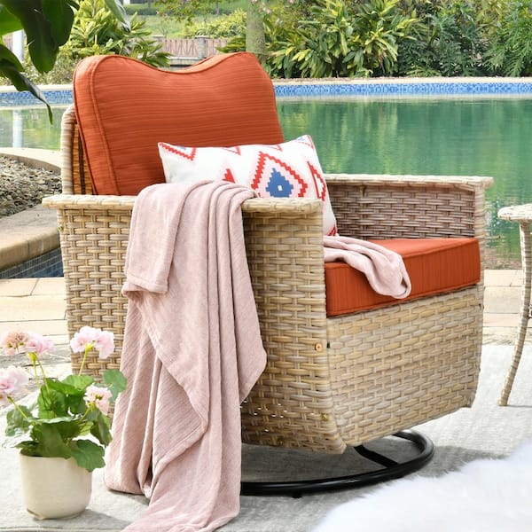XIZZI Paradise Cove Biege Wicker Outdoor Rocking Chair with Orange Red Cushions