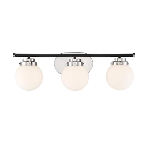 Elle 24 in. 3-Light Polished Nickel Transitional Vanity Light with Opal Glass Shades and Black Accents