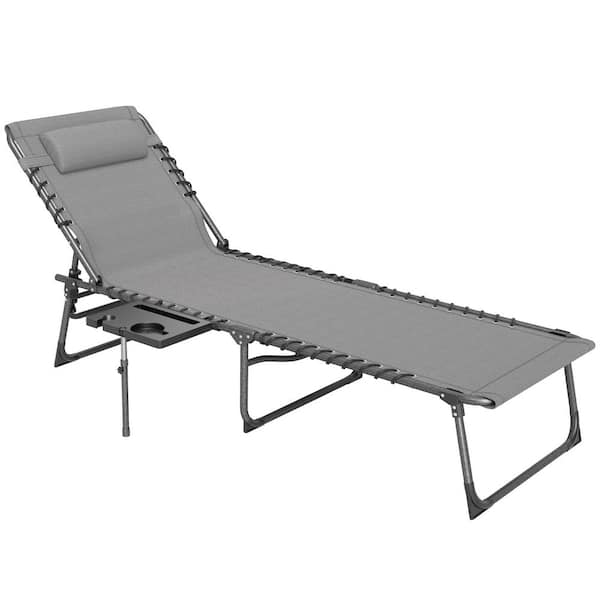 Metal Folding Chaise Lounge Chair Outdoor Chair with Side Table, 5-Level Adjustable with Headrest and Side Pocket, Gray