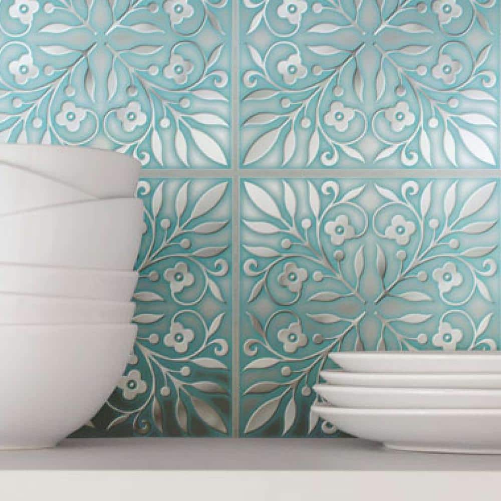 Teal and Silver Floral Metallic Peel and Stick Wallpaper Tiles