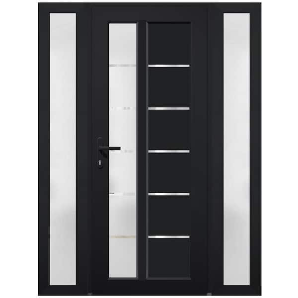 VDOMDOORS 8088 60 in. W. x 80 in. Right-hand/Inswing Frosted Glass Matte Black Metal-Plastic Steel Prehend Front Door Hardware