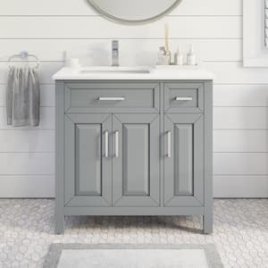 Terrence 36 in. W x 22 in. D Bath Vanity in Gray ENGRD Stone Vanity Top in White with White Basin Power Bar-Organizer