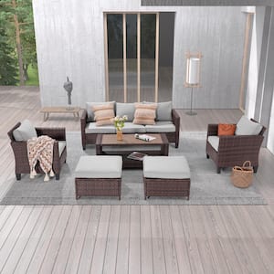 6-Piece Brown Wicker Outdoor Conversation Seating Sofa Set with Coffee Table, Linen Grey Cushions