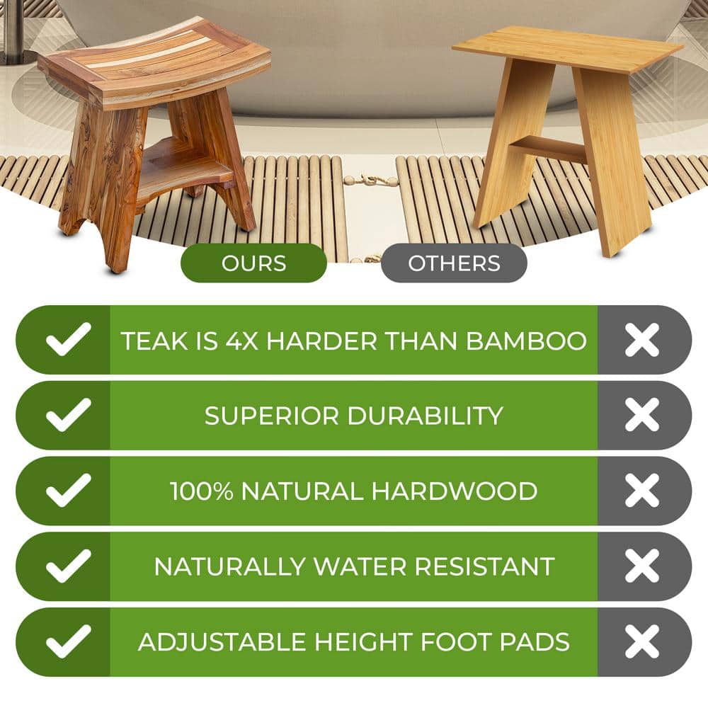 Serenity 20" EarthyTeak Solid Wood Spa Shower Bench with Shelf