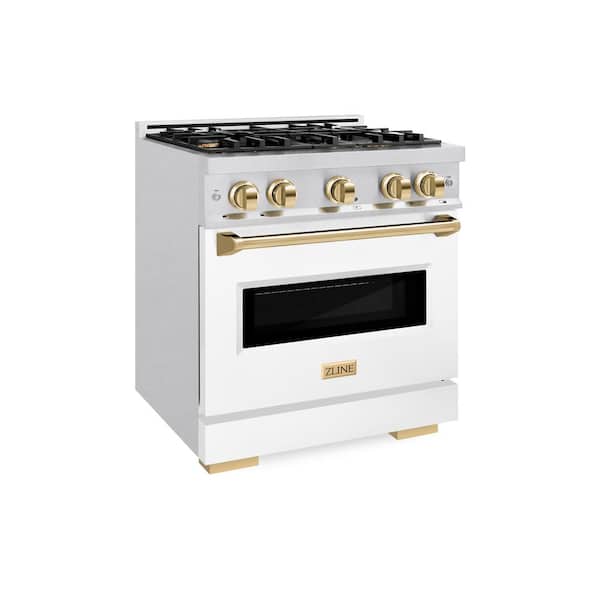 Autograph 30 in. Classic Gas Range with 4 Burners and Convection Gas Oven in Satin Steel with White and Gold Accents