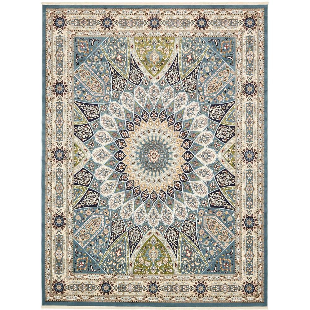 Blue Floral Rectangular Stain-Resistant Area Rug 10' x 13'