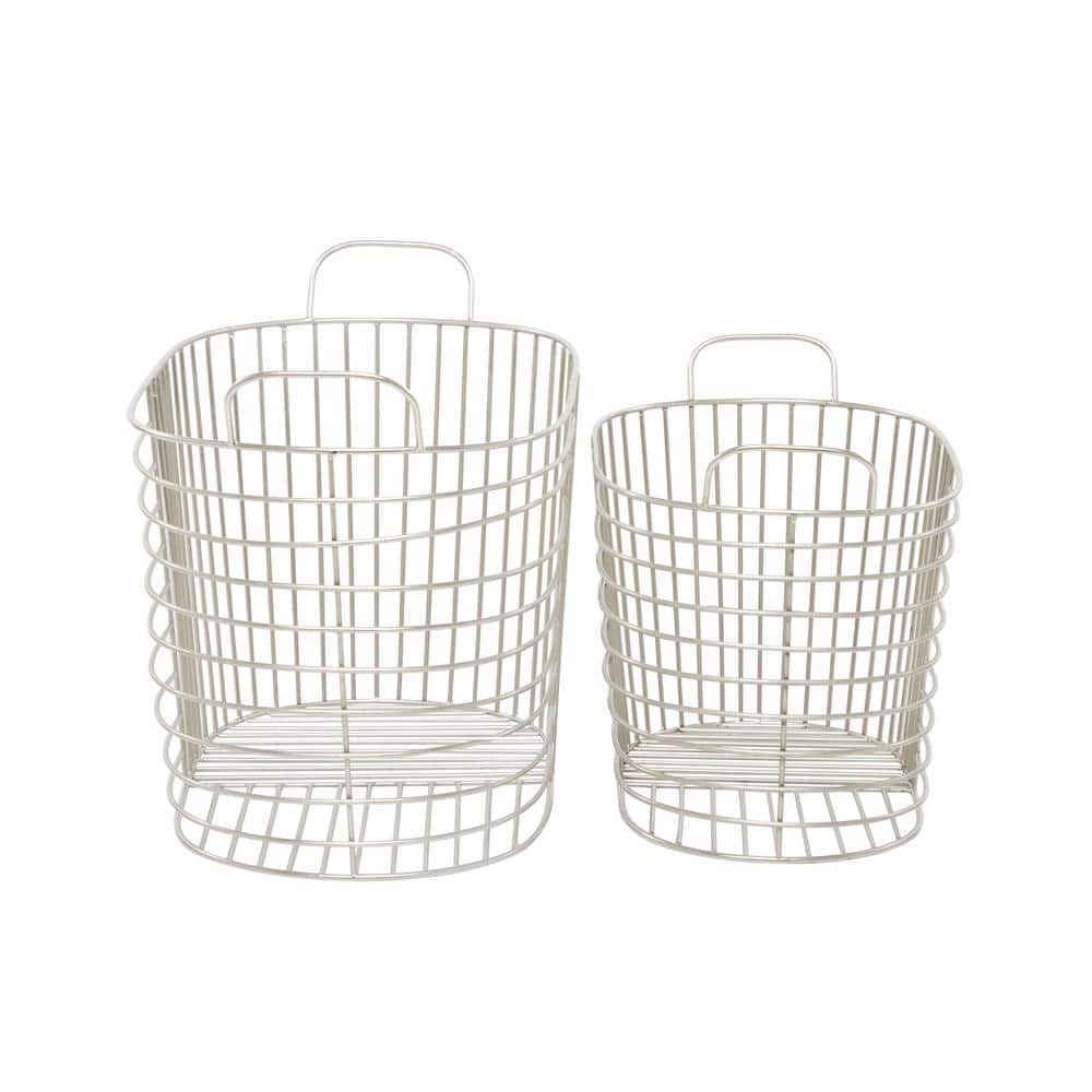 Silver Oval Metal Baskets with Handles - Set of 2