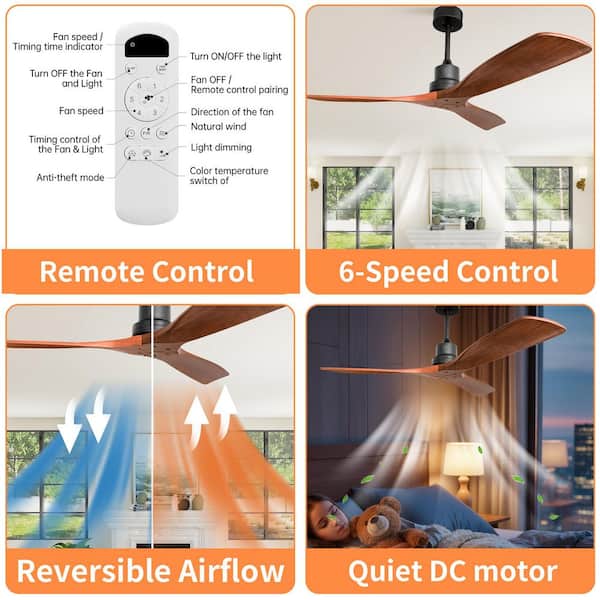 52 in. Outdoor Farmhouse Ceiling Fan with Remote Control Solid Wood Fan Blade Reversible Motor, Downrod Mount