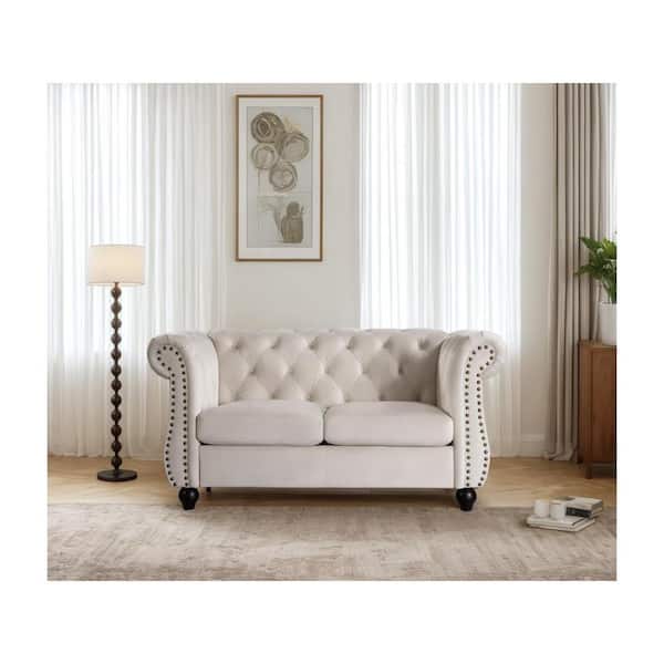 US Pride Furniture Chesterfield 62 in. Wide Rolled Arm Velvet Modern Rectangle Loveseat in Ivory